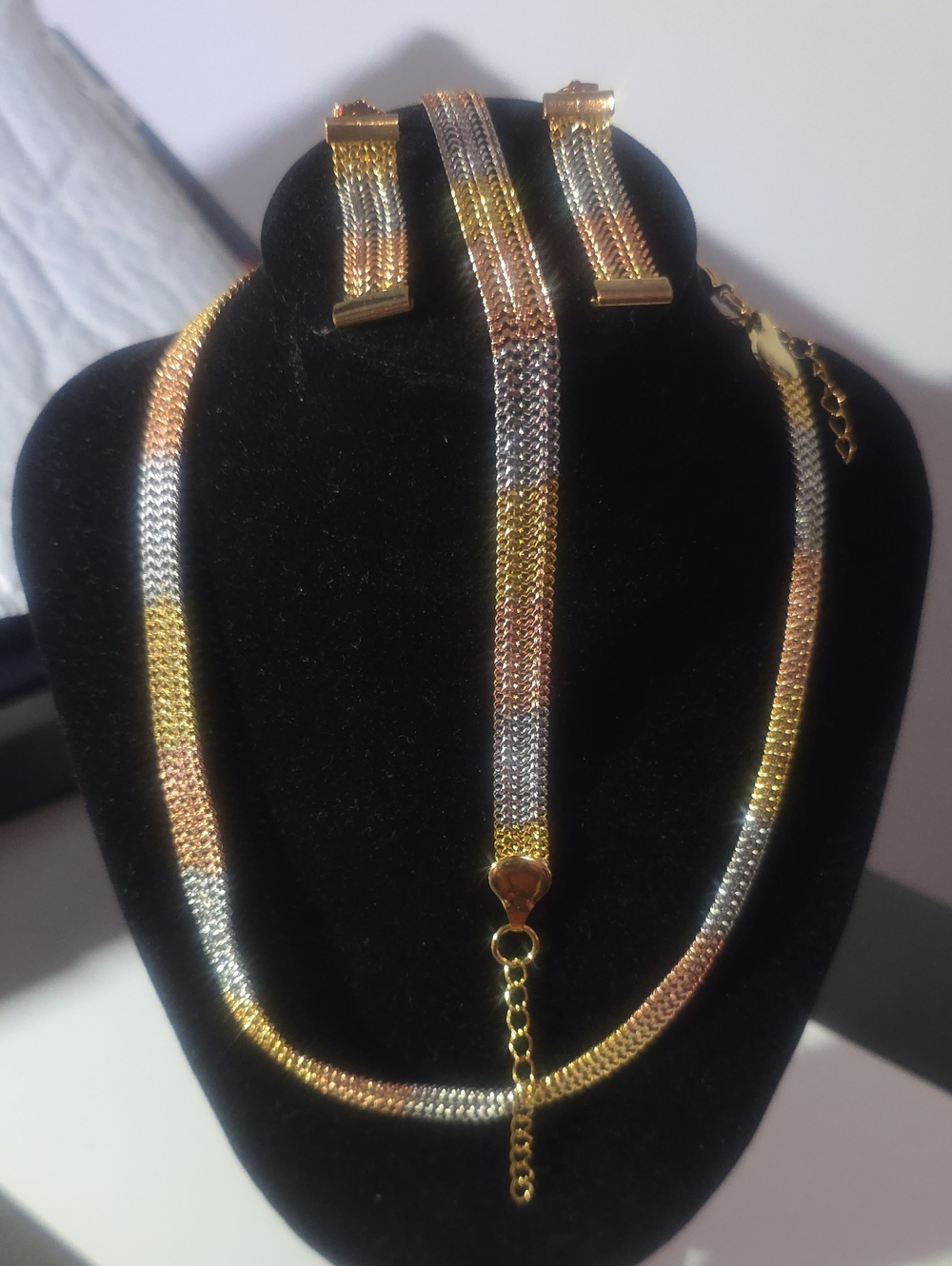 New 18K Tri Color Necklace, Earring, & Bracelet Set - Gold, White, Rose Gold